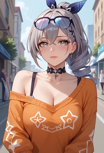 star rail,silver wolf,orange,sweater,choker  - AI generated anime art